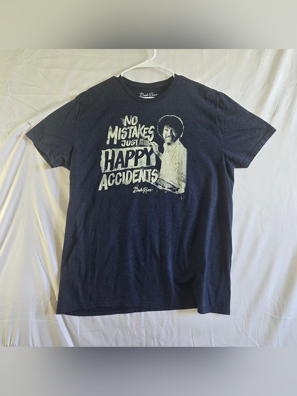 Bob Ross Mens No Mistakes Just Happy Accidents Graphic T-Shirt Navy Blue L